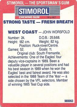 1990 AFL Scanlens Stimorol #131 John Worsfold Back